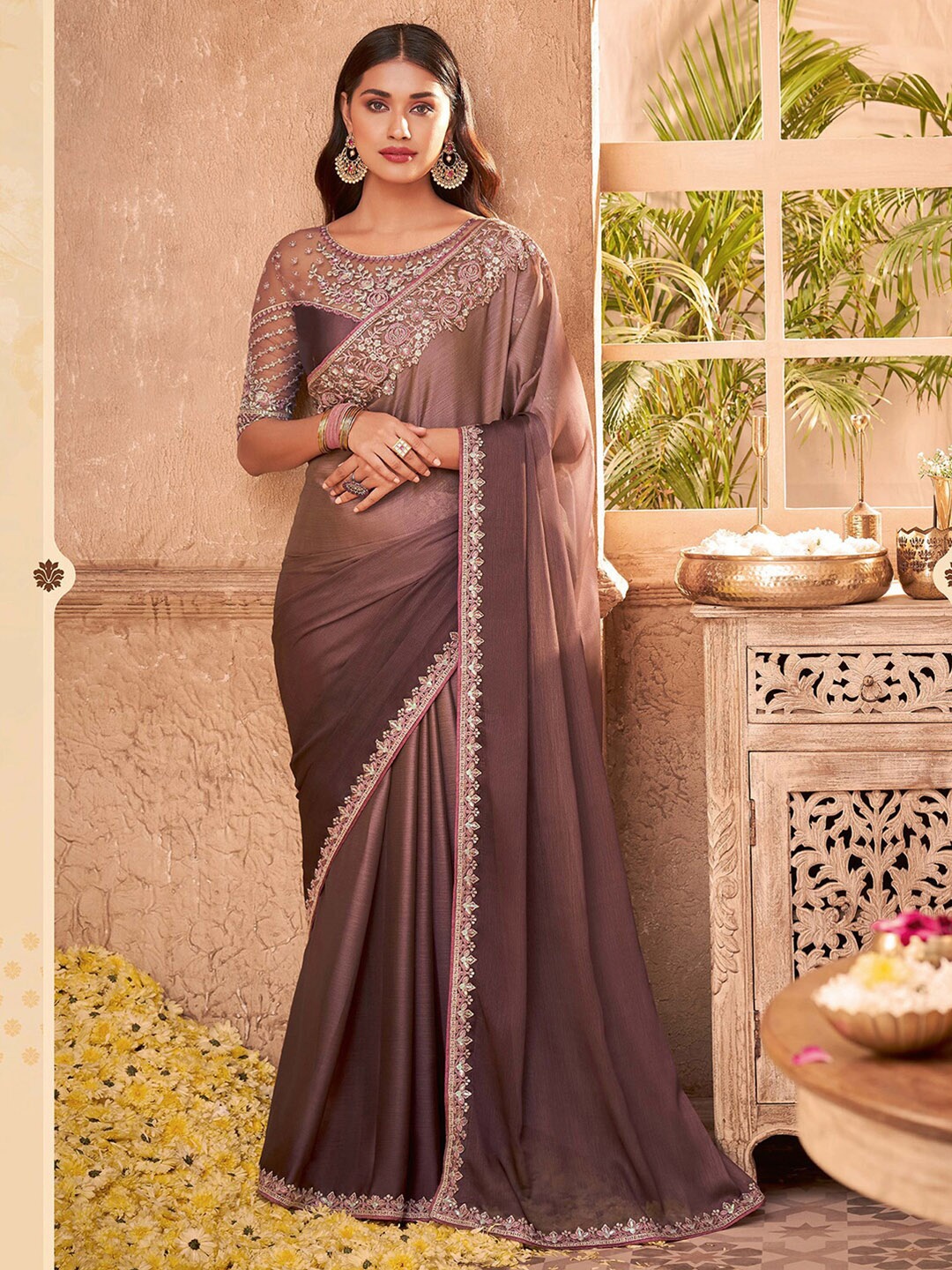 

Mitera Brown Ombre Embroidered Poly Chiffon Saree