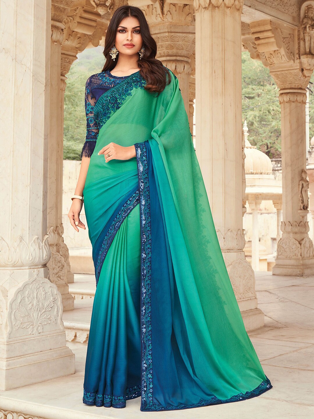 

Mitera Blue & Green Ombre Embroidered Poly Chiffon Saree