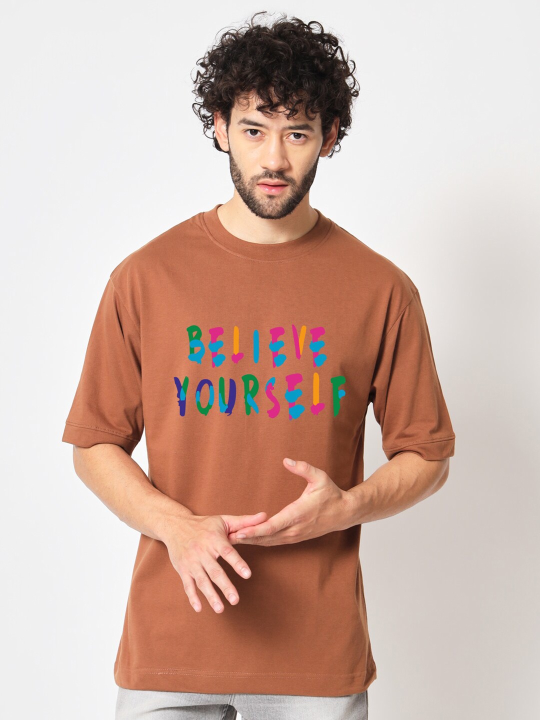 

Imsa Moda Typography Printed Drop Shoulder Sleeves Cotton Oversized T-shirt, Brown