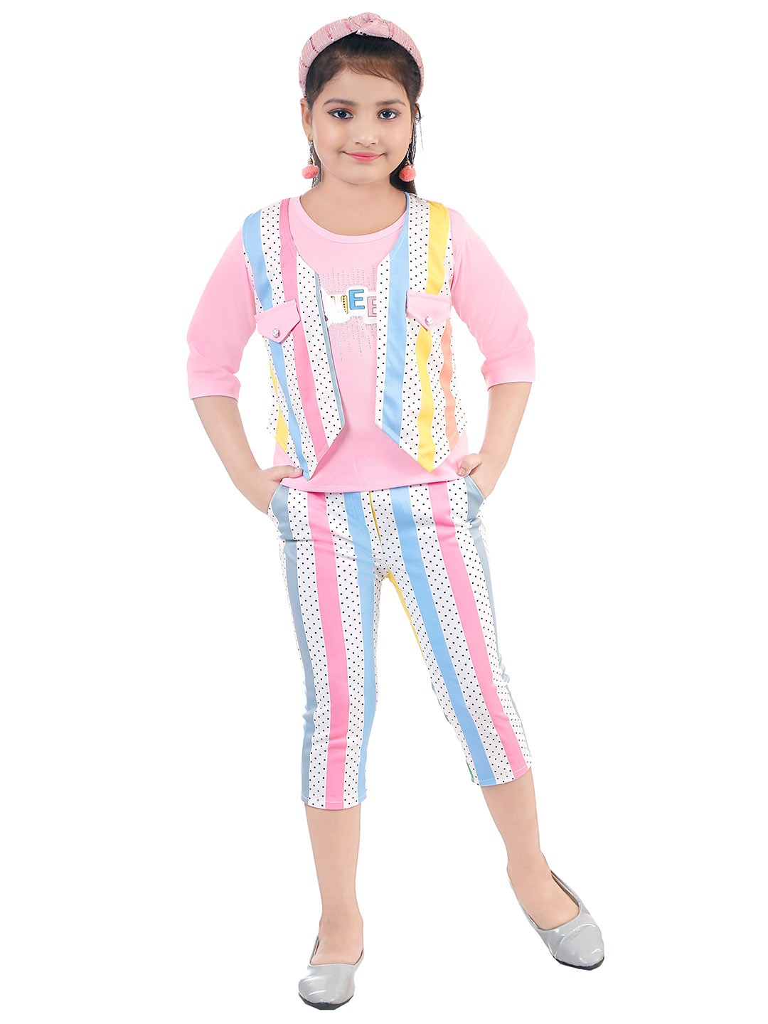 

BAESD Girls Striped Top With Capris & Waistcoat, Pink