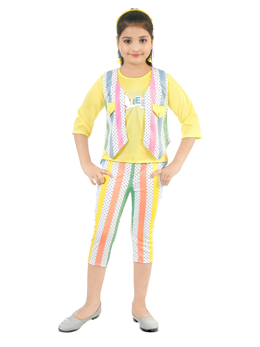 

BAESD Girls Striped Top With Capris & Waistcoat, Yellow
