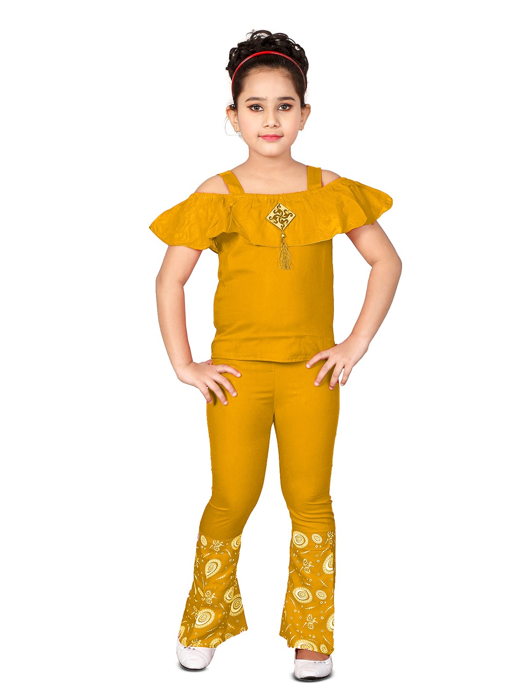 

BAESD Girls Cold-Shoulder Top With Printed Bootcut Trousers, Mustard