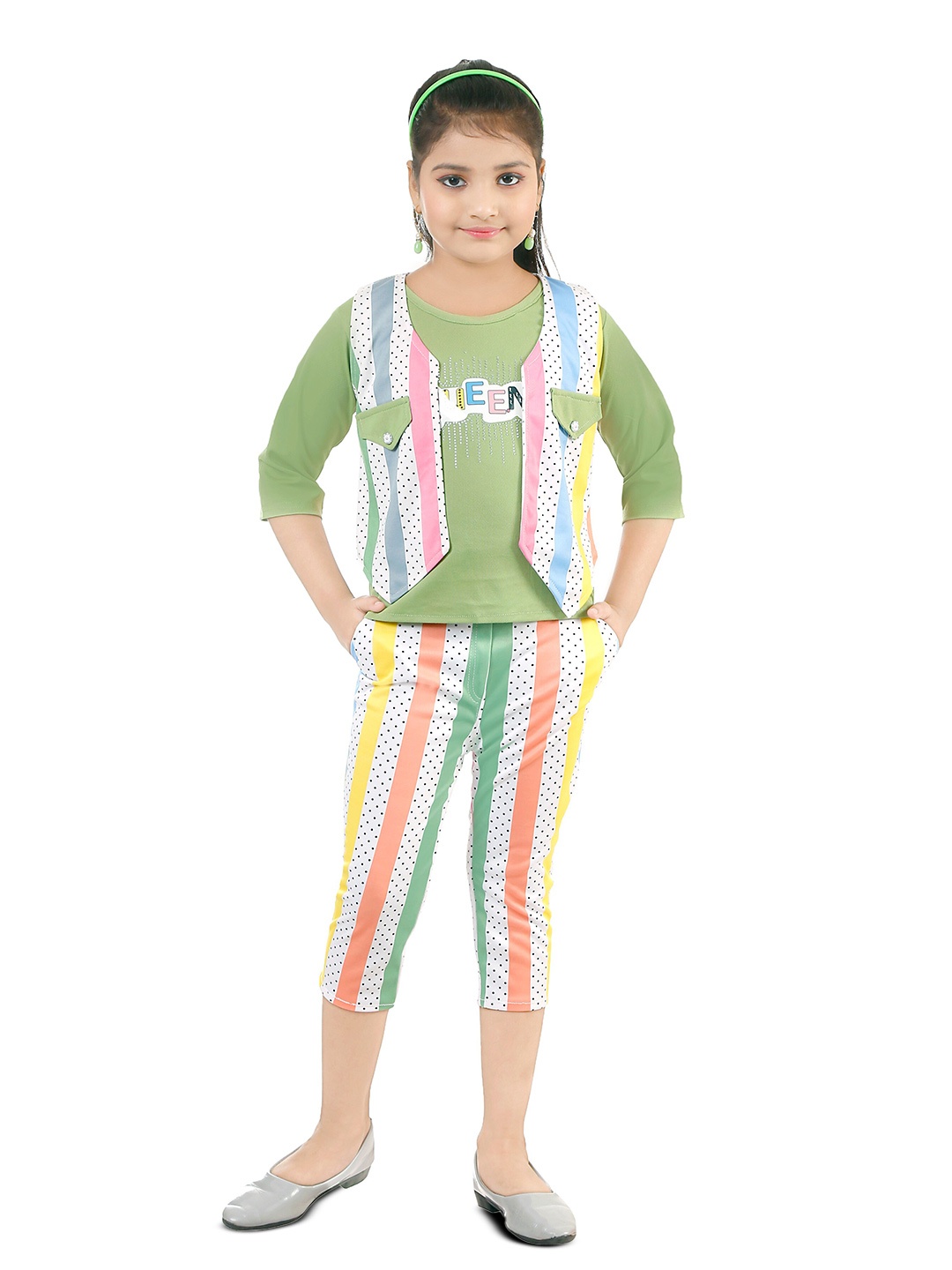 

BAESD Girls Printed Top With Striped Capris Comes With Waistcoat, Green