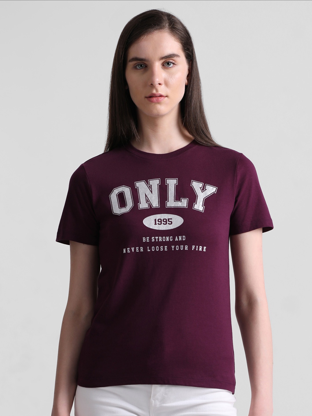 

ONLY Typography Printed Knitted Cotton T-Shirt, Purple