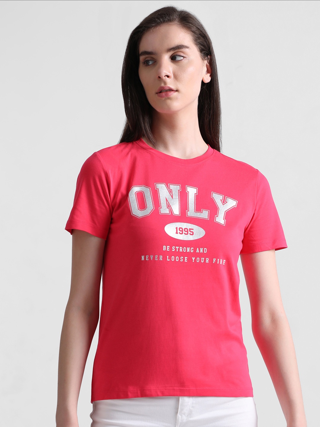 

ONLY Typography Printed Knitted Cotton T-Shirt, Pink