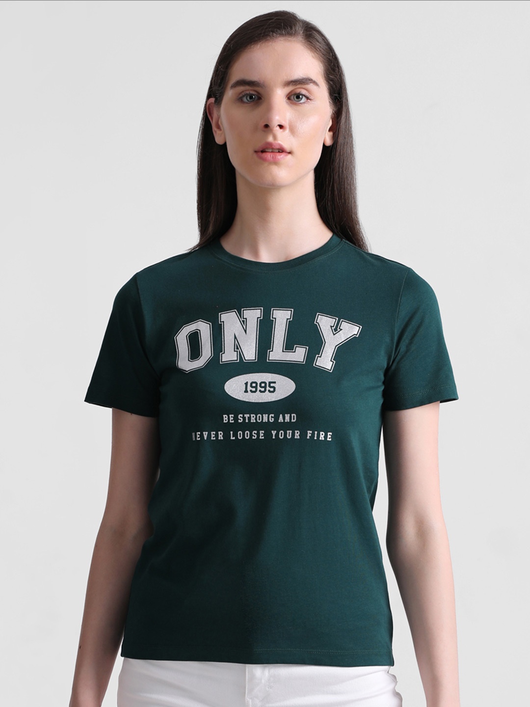 

ONLY Typography Printed Knitted Cotton T-Shirt, Green
