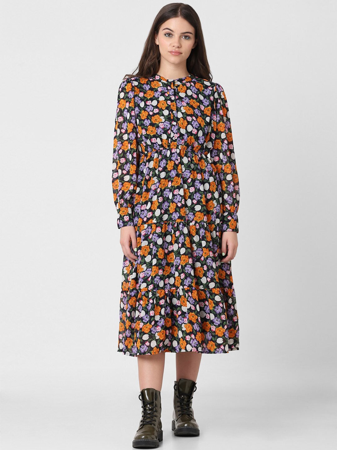 

ONLY Floral Printed Cuffed Sleeves Tiered Midi A-Line Dress, Black