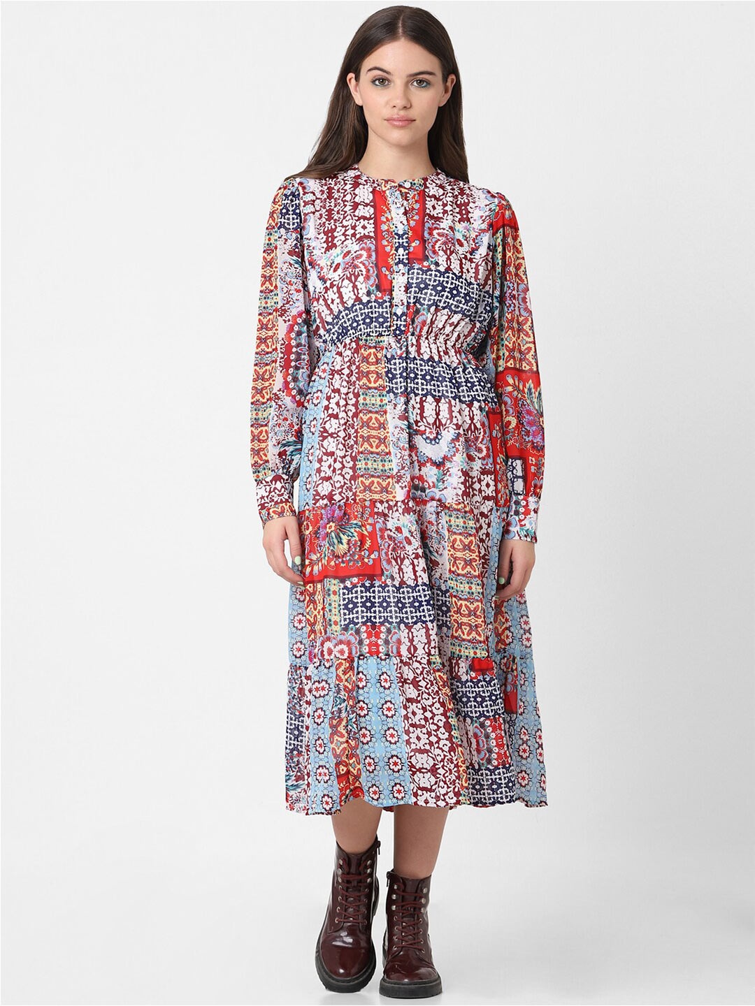 

ONLY Floral Printed Cuffed Sleeves Tiered Midi A-Line Dress, Blue