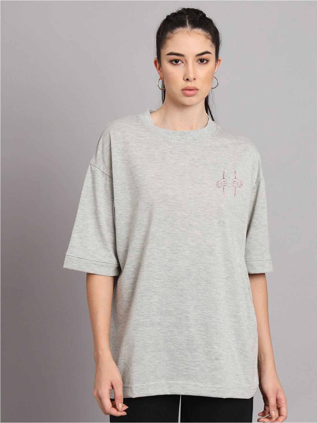 

Imsa Moda Abstract Printed Oversized Drop-Shoulder Cotton T-shirt, Grey