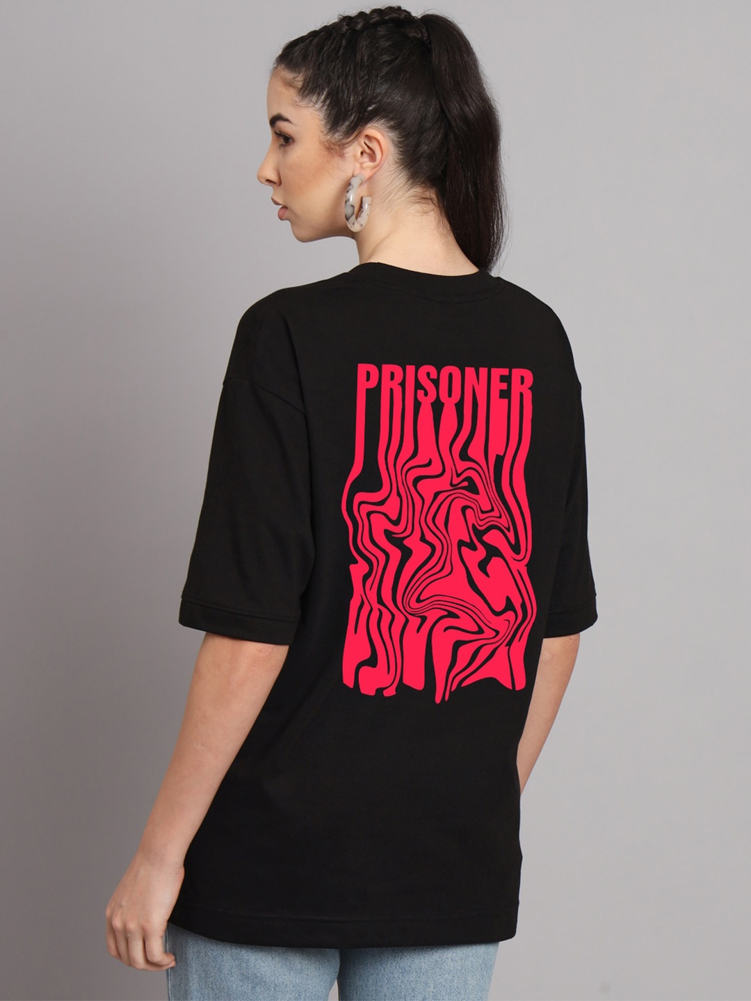 

Imsa Moda Abstract Printed Oversized Drop-Shoulder Cotton T-shirt, Black