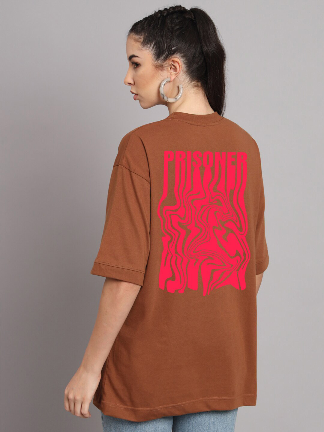 

Imsa Moda Abstract Printed Oversized Drop-Shoulder Cotton T-shirt, Coffee brown