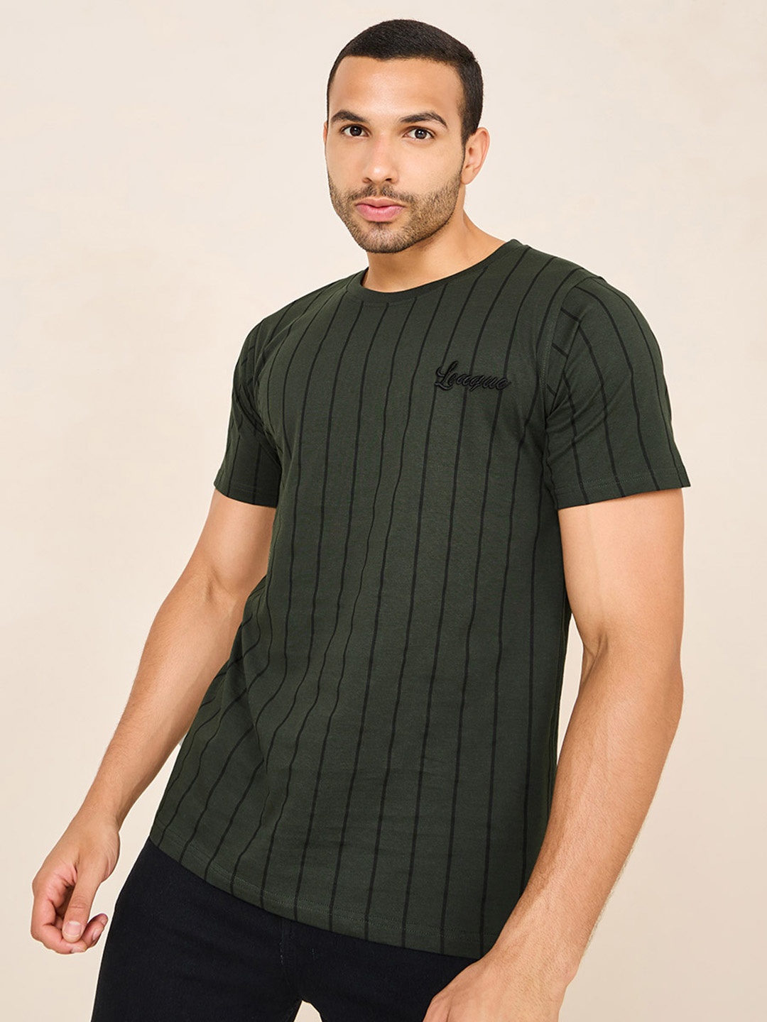 

Styli Compact Jersey Striped Oversized T-Shirt with Embroidery Detail, Olive