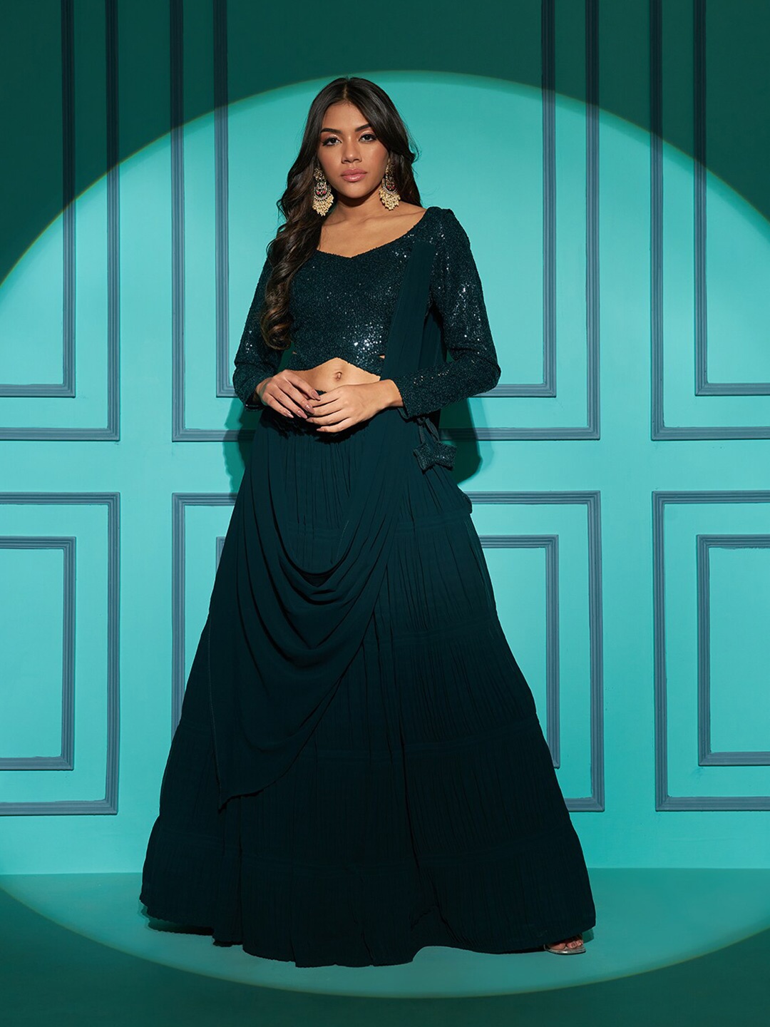 

SHUBHKALA Embellished Sequinned Semi-Stitched Lehenga & Unstitched Blouse With Dupatta, Green