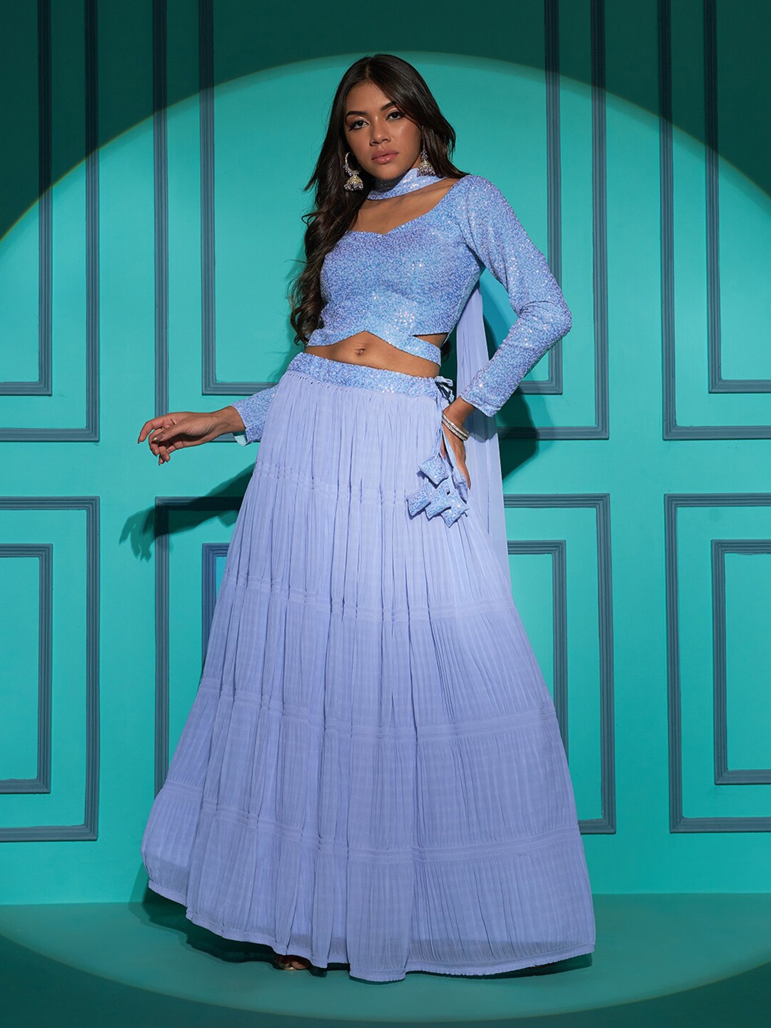 

SHUBHKALA Embellished Sequinned Semi-Stitched Lehenga & Unstitched Blouse With Dupatta, Blue