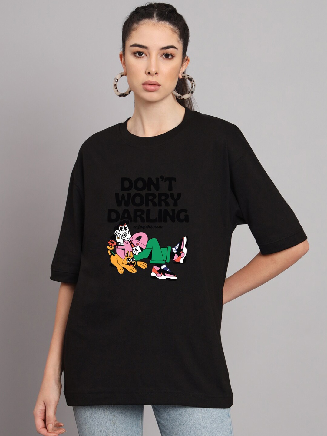 

Imsa Moda Round Neck Graphic Printed Drop-Shoulder Sleeves T-shirt, Black