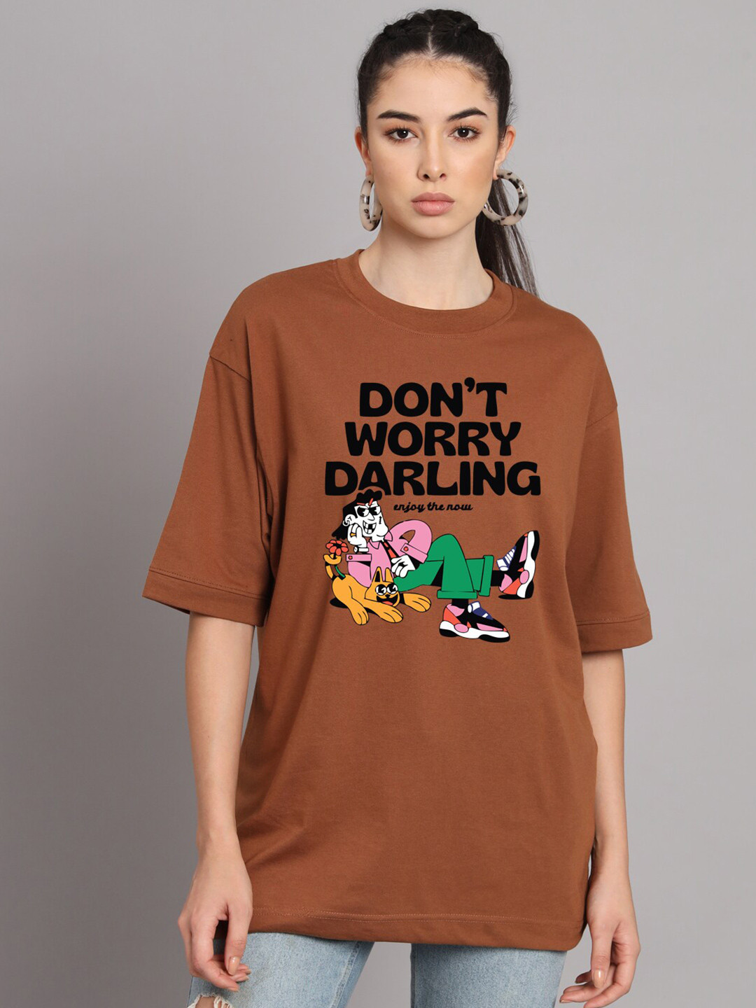 

Imsa Moda Typography Printed Drop-Shoulder Sleeves Cotton T-shirt, Coffee brown