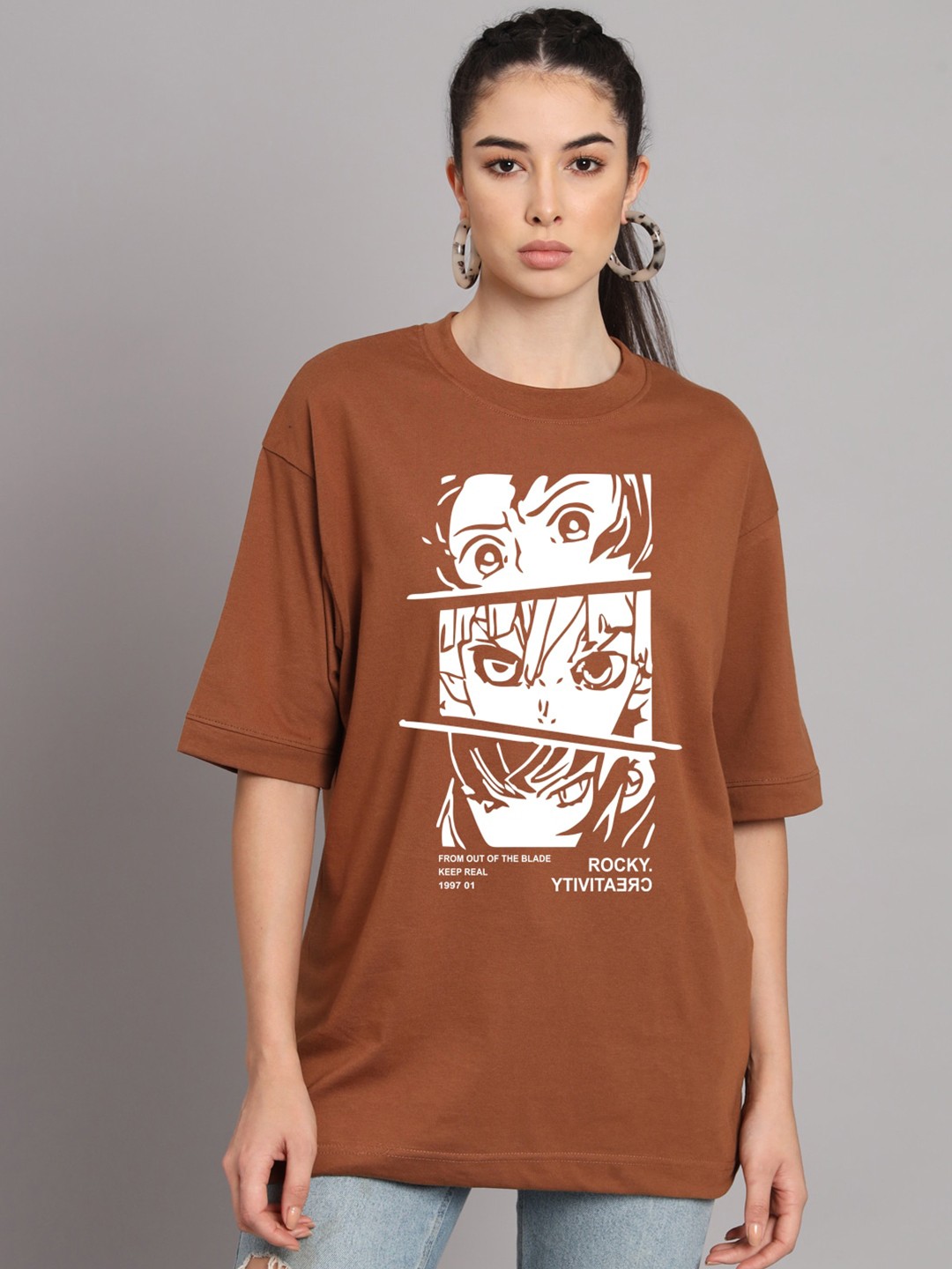 

Imsa Moda Comic Printed Oversized Drop Shoulder Cotton T-shirt, Coffee brown