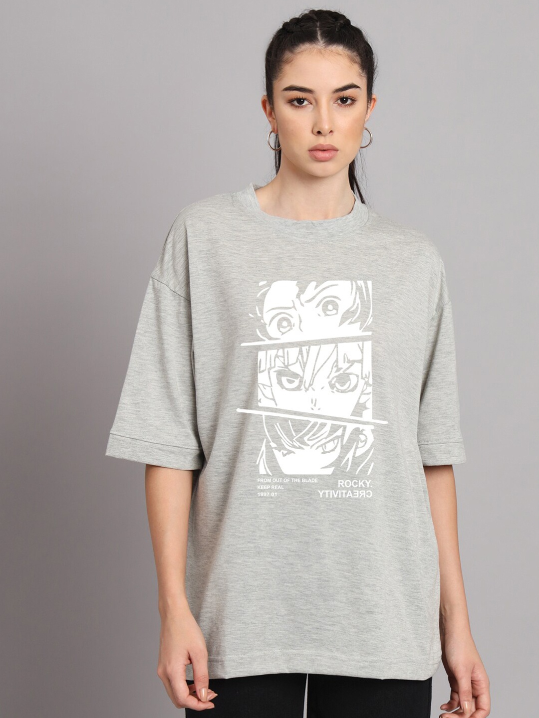 

Imsa Moda Comic Printed Oversized Drop Shoulder Cotton T-shirt, Grey