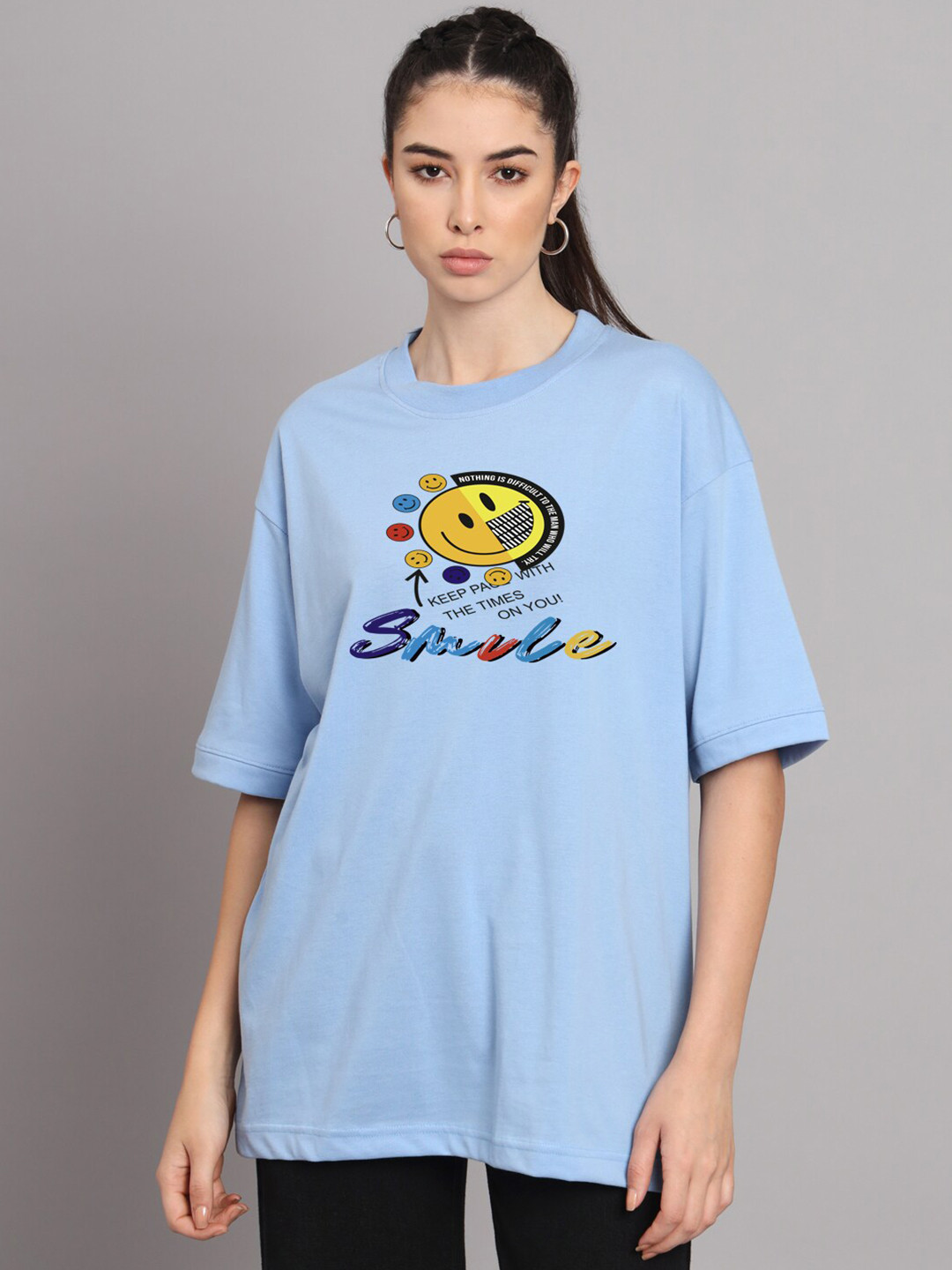 

Imsa Moda Typographic Printed Drop-Shoulder Sleeves Cotton Oversized T-shirt, Blue