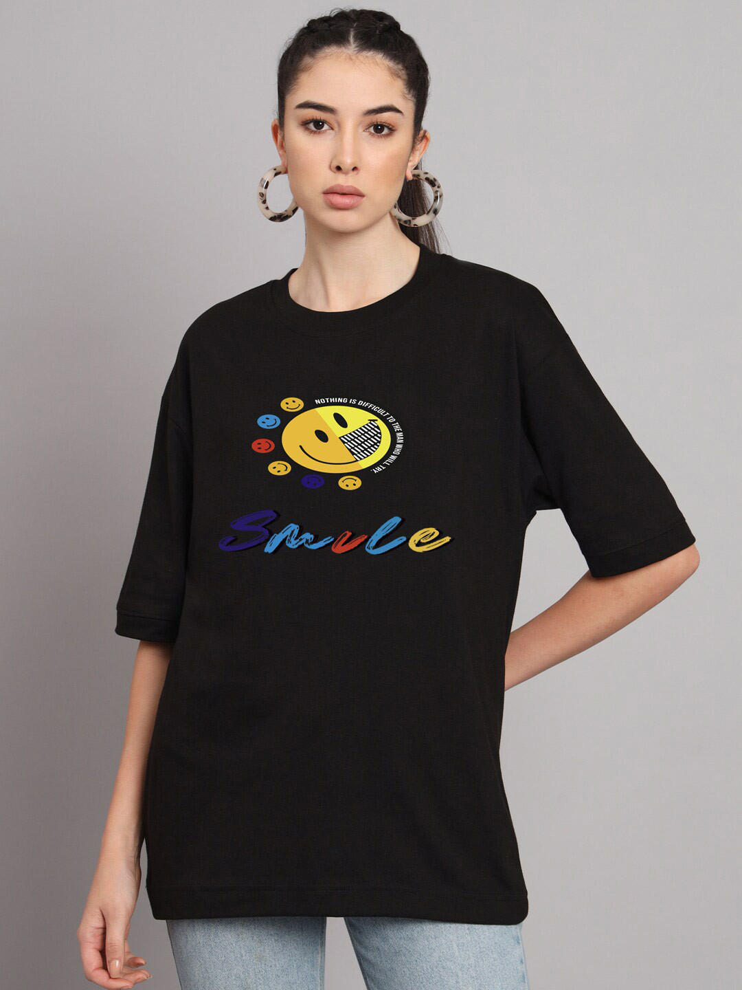 

Imsa Moda Typographic Printed Drop-Shoulder Sleeves Cotton Oversized T-shirt, Black
