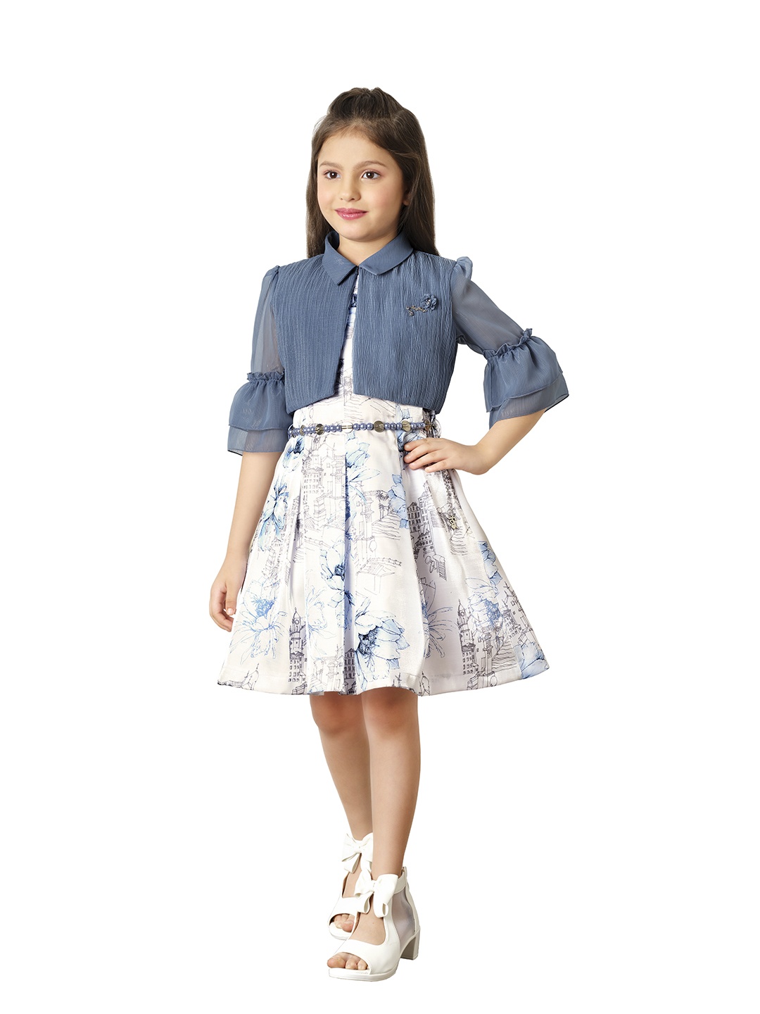 

Tiny Baby Girls Graphic Printed Bell Sleeves Fit & Flare Dress with Jacket & Belt, Blue