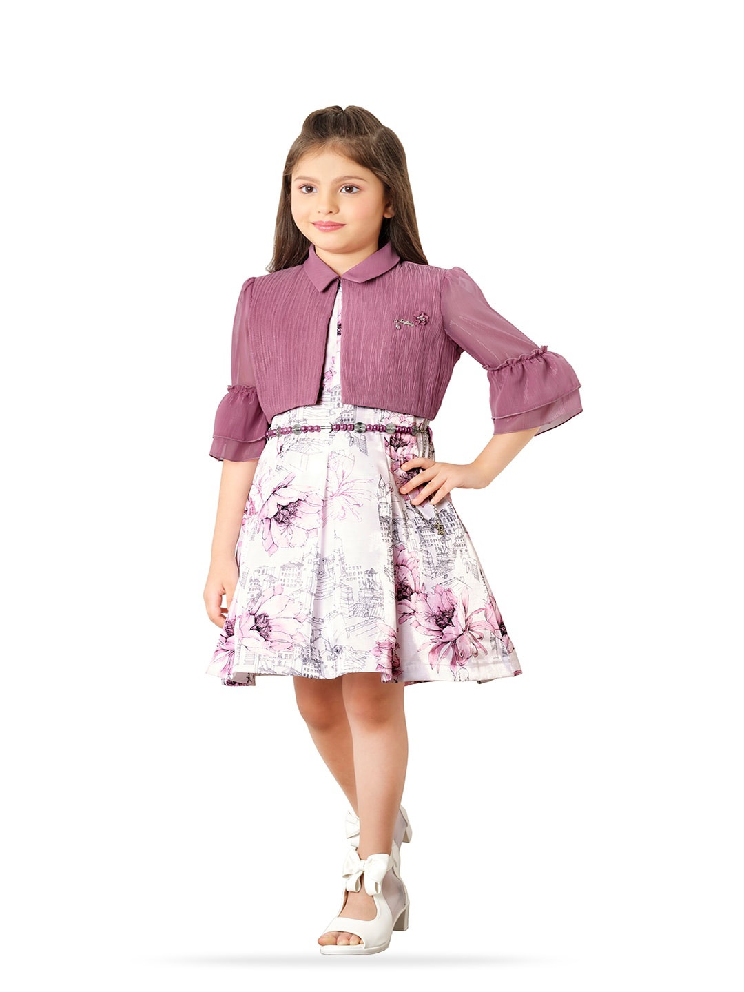 

Tiny Baby Girls Floral Printed Fit & Flare Dress With Jacket And Belt, Burgundy