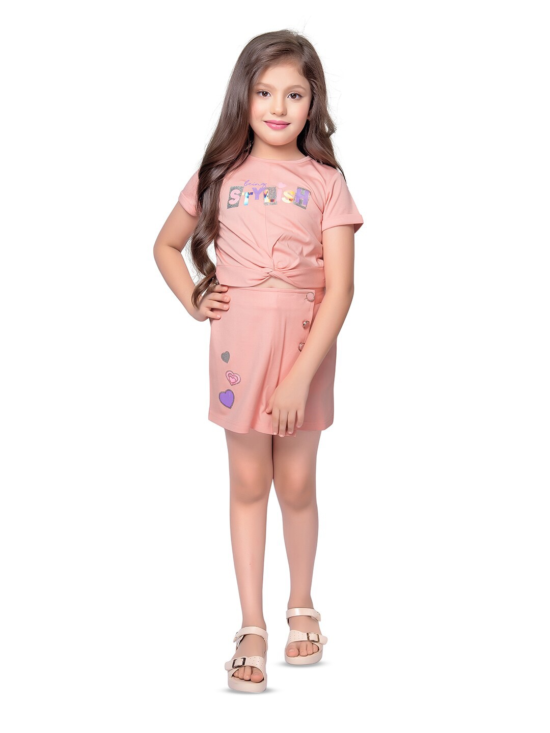 

Tiny Baby Girls Typography Printed Top with Shorts, Peach