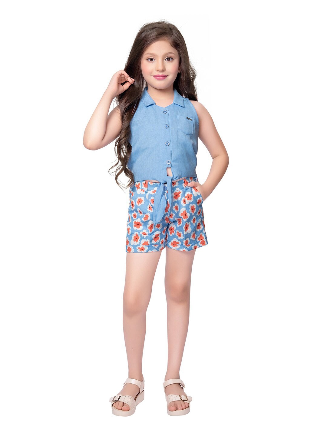 

Tiny Baby Girls Top with Printed Shorts, Blue
