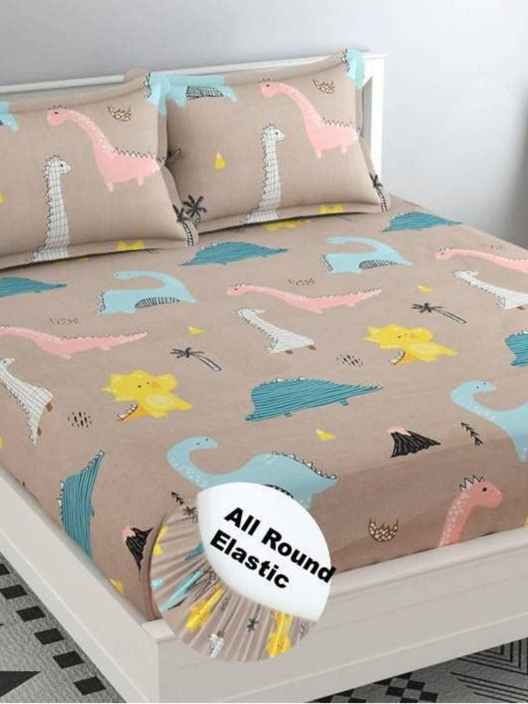 

Bajo's Brown Conversational 250 TC Fitted Cotton King Bedsheet with 2 Pillow Covers