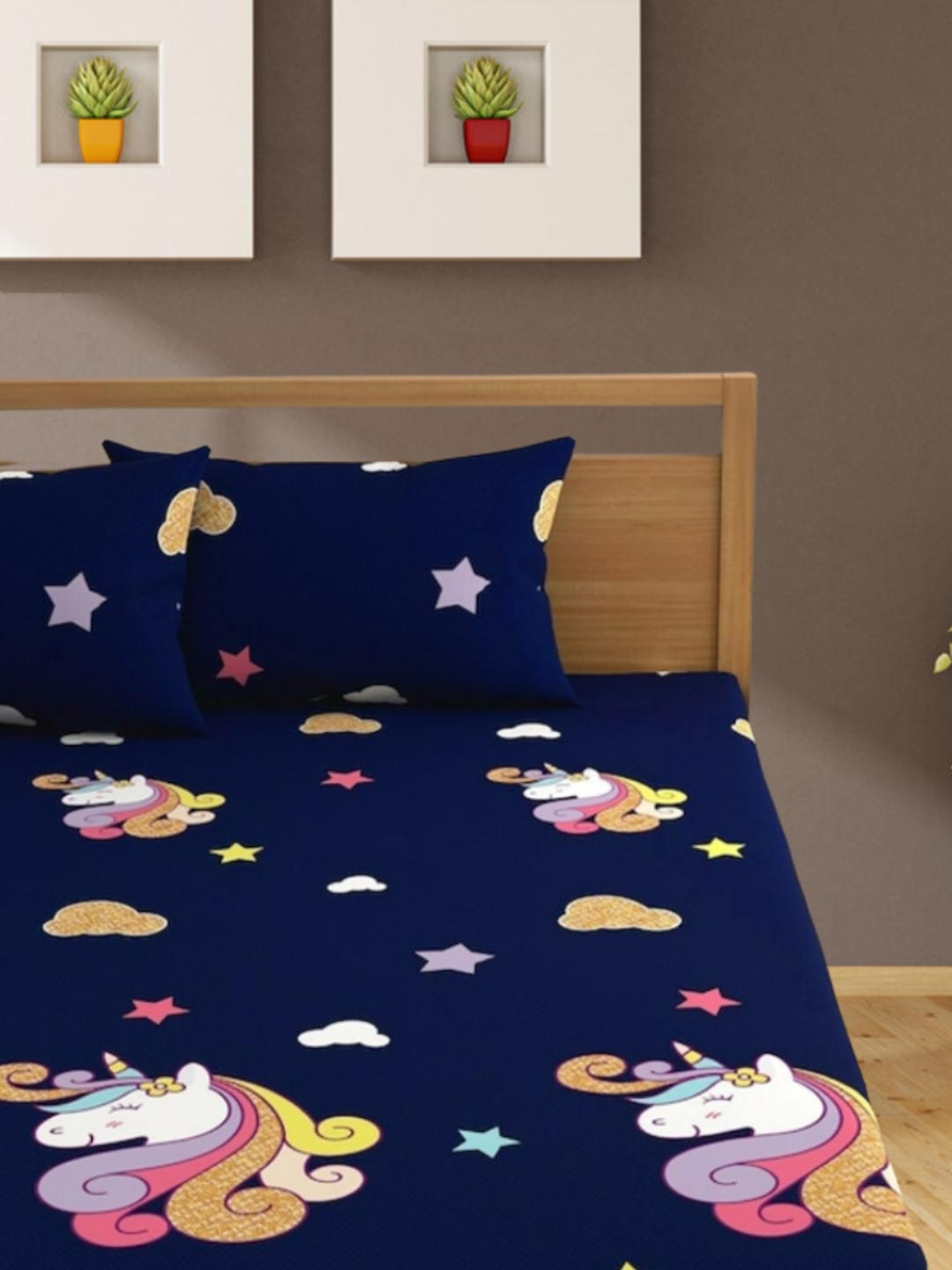 

Bajo's Blue & Pink Conversational 250 TC Fitted Cotton King Bedsheet with 2 Pillow Covers