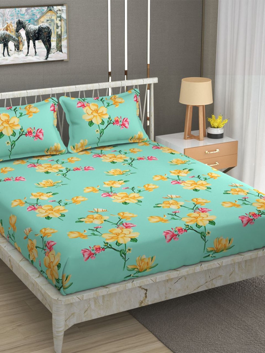 

Bajo's Blue & Yellow Floral 250 TC Cotton Fitted King Bedsheet with 2 Pillow Covers
