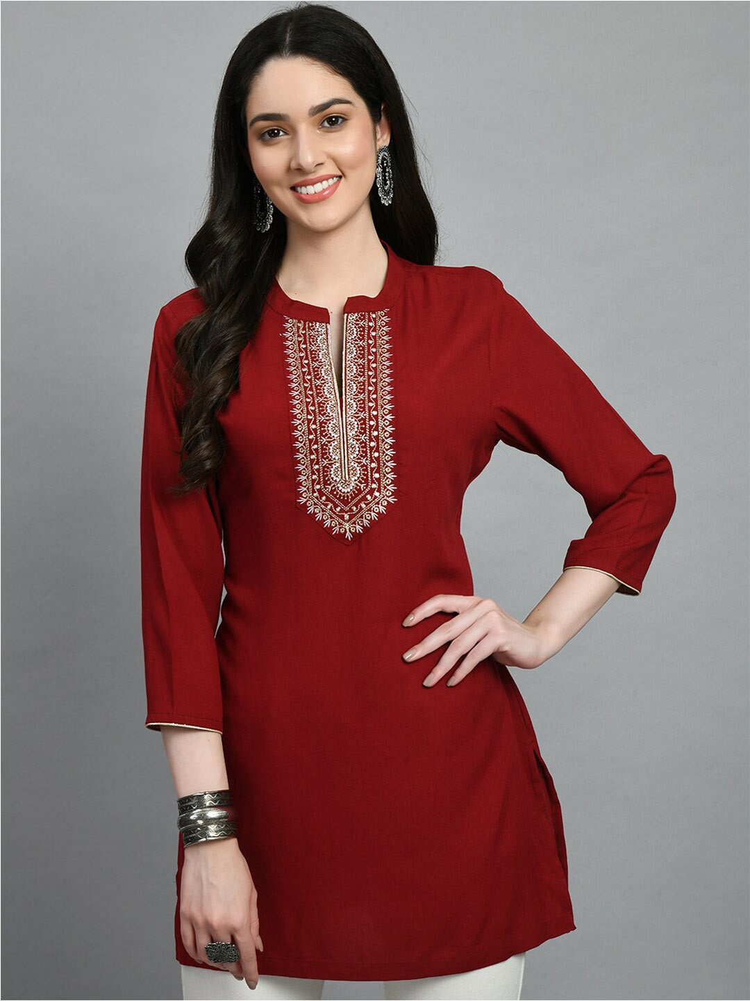 

MEESAN Mandarin Collar Embroidered Tunic, Maroon