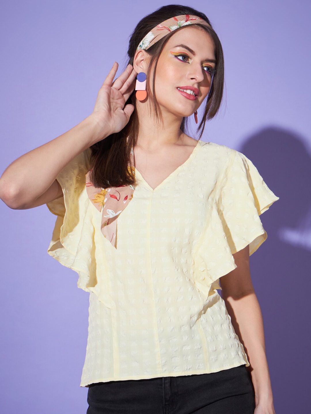 

CHARMGAL Checked Flutter Sleeve Top, Yellow