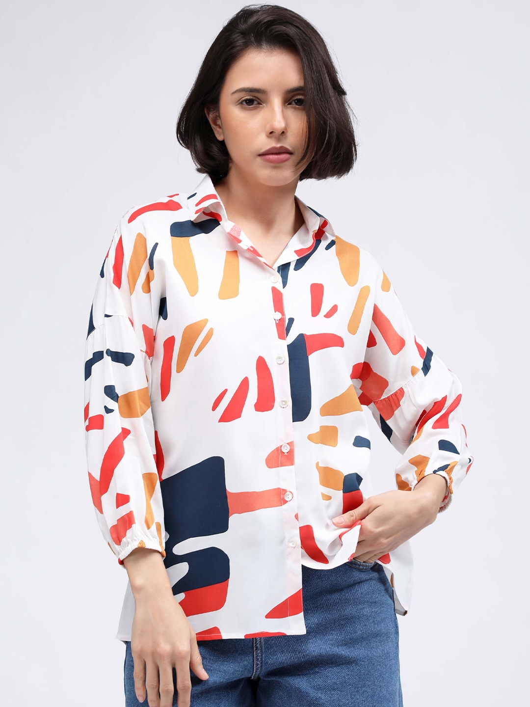 

IDK Abstract Printed Shirt Style Top, White