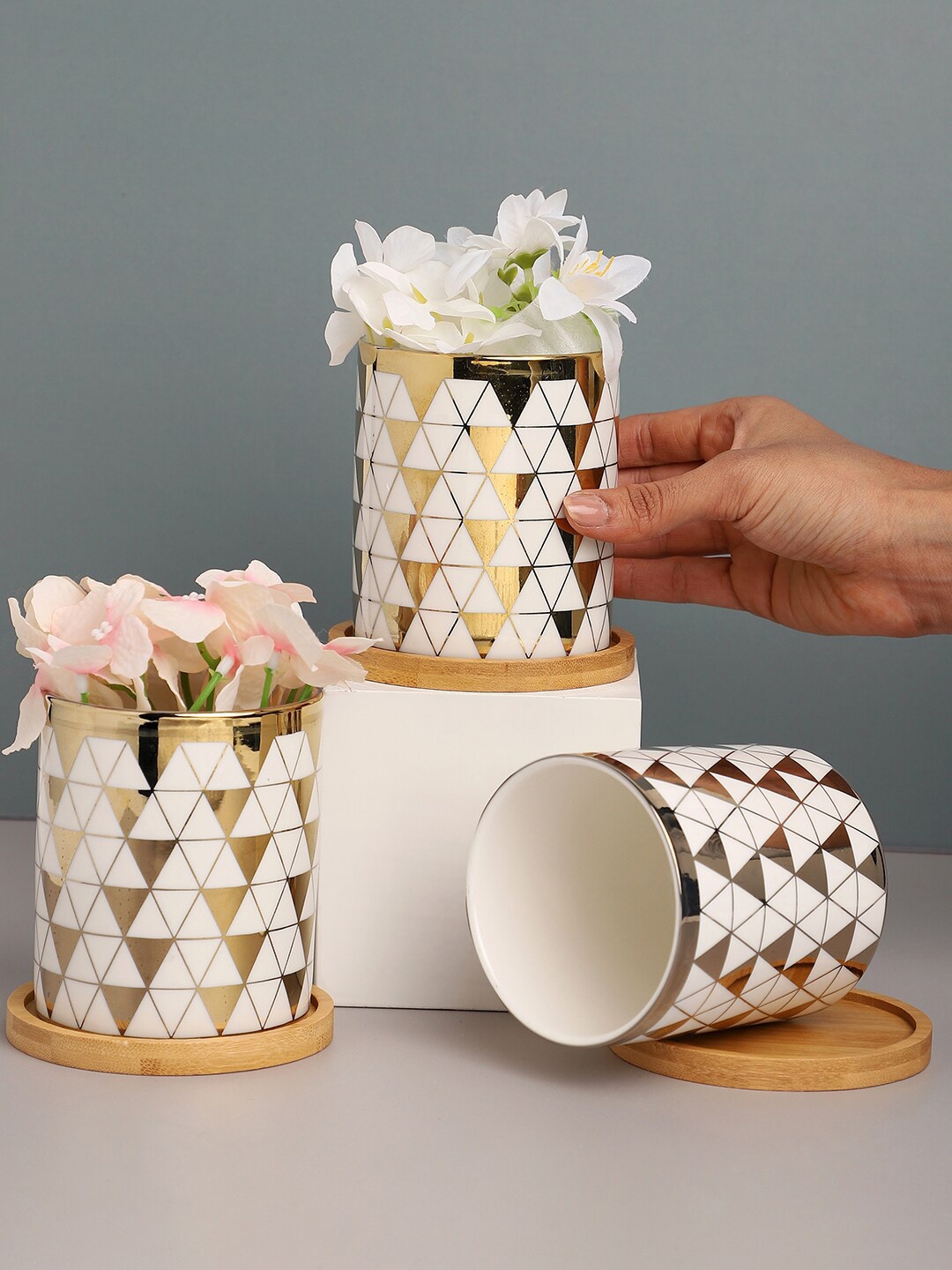 

Bonhomie 3-Pcs White Geometric Ceramic Planters With Coasters