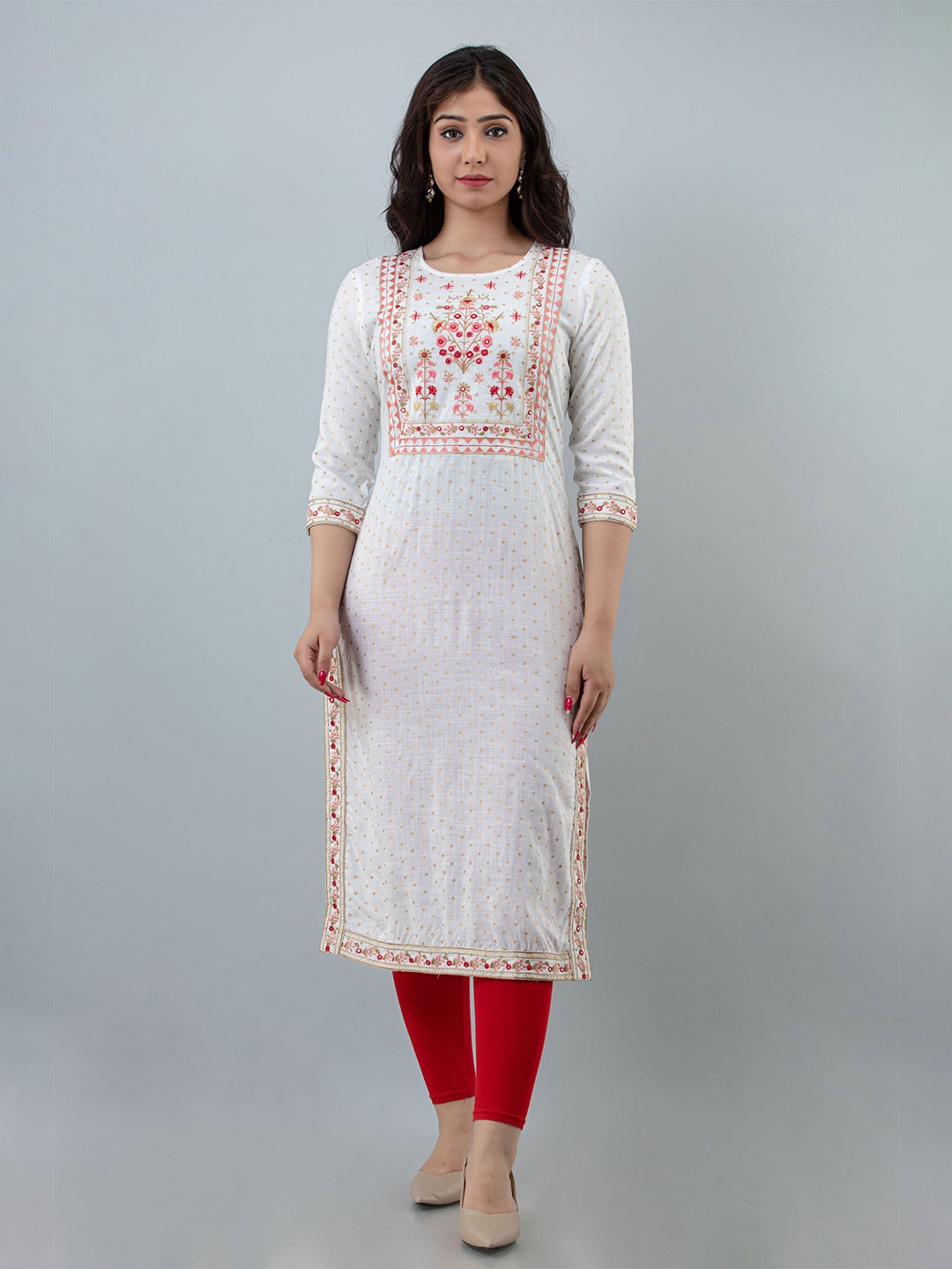 

KALINI Ethnic Motifs Printed Mirror Work Straight Kurta, White