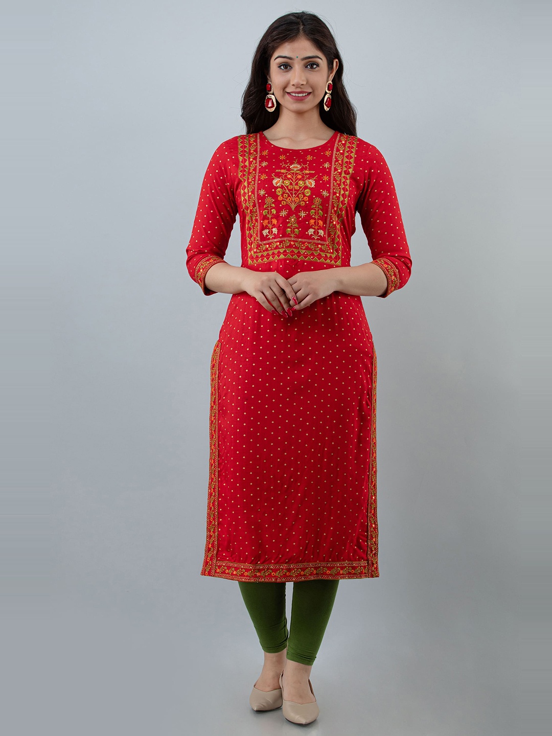 

KALINI Ethnic Motifs Printed Mirror Work Straight Kurta, Red