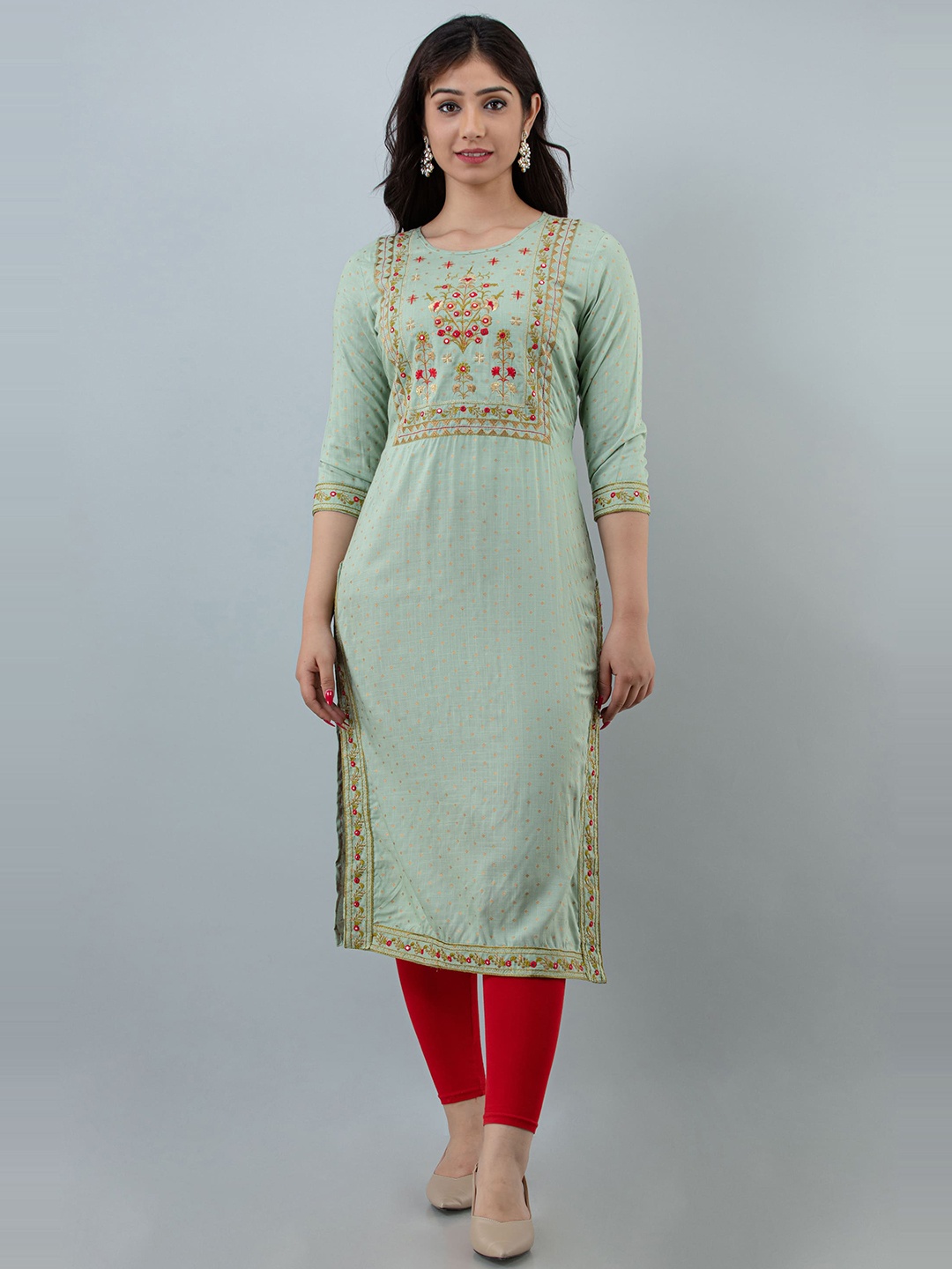 

KALINI Ethnic Motifs Printed Mirror Work Straight Kurta, Sea green