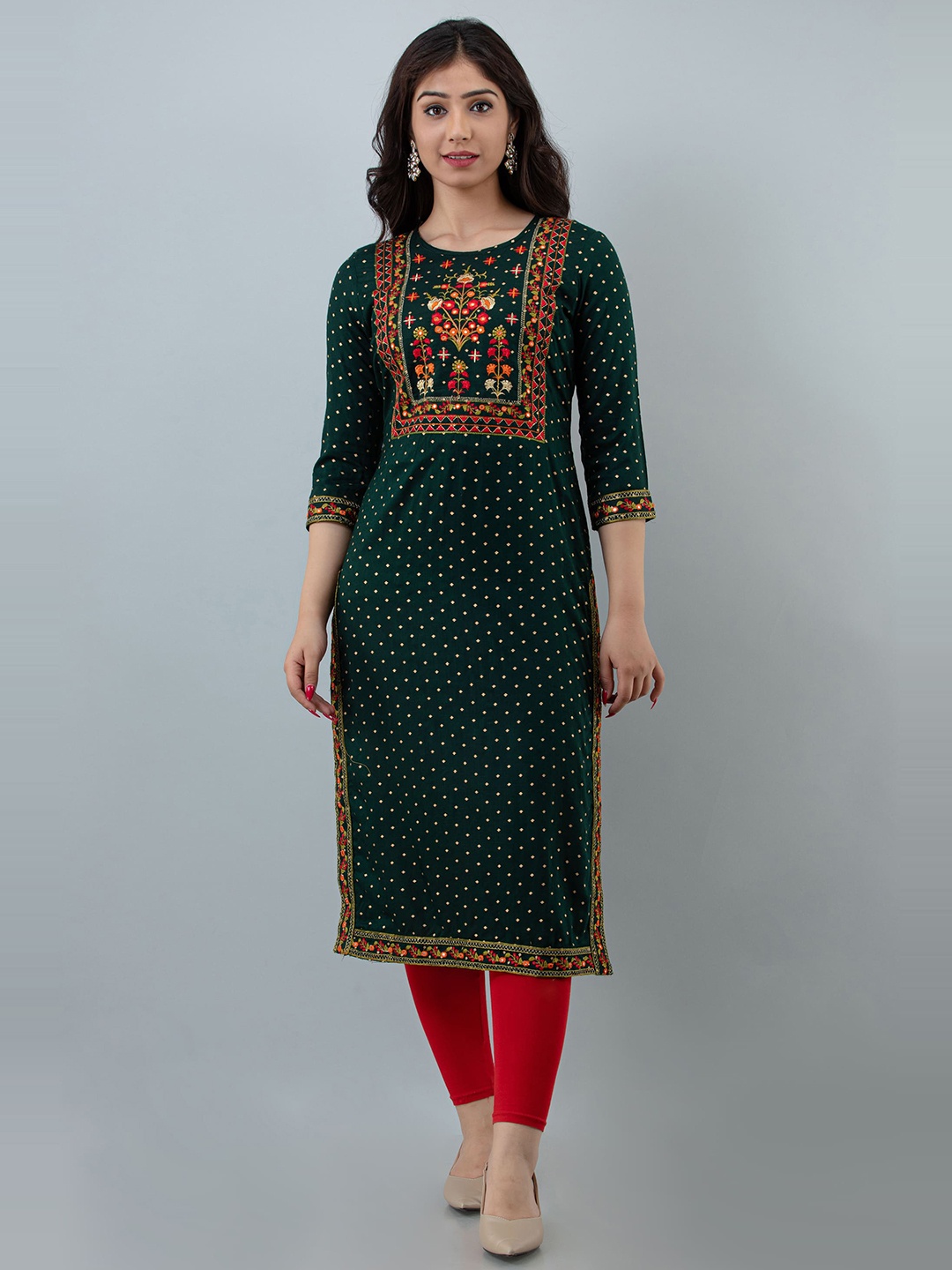 

KALINI Ethnic Motifs Printed Mirror Work Straight Kurta, Green