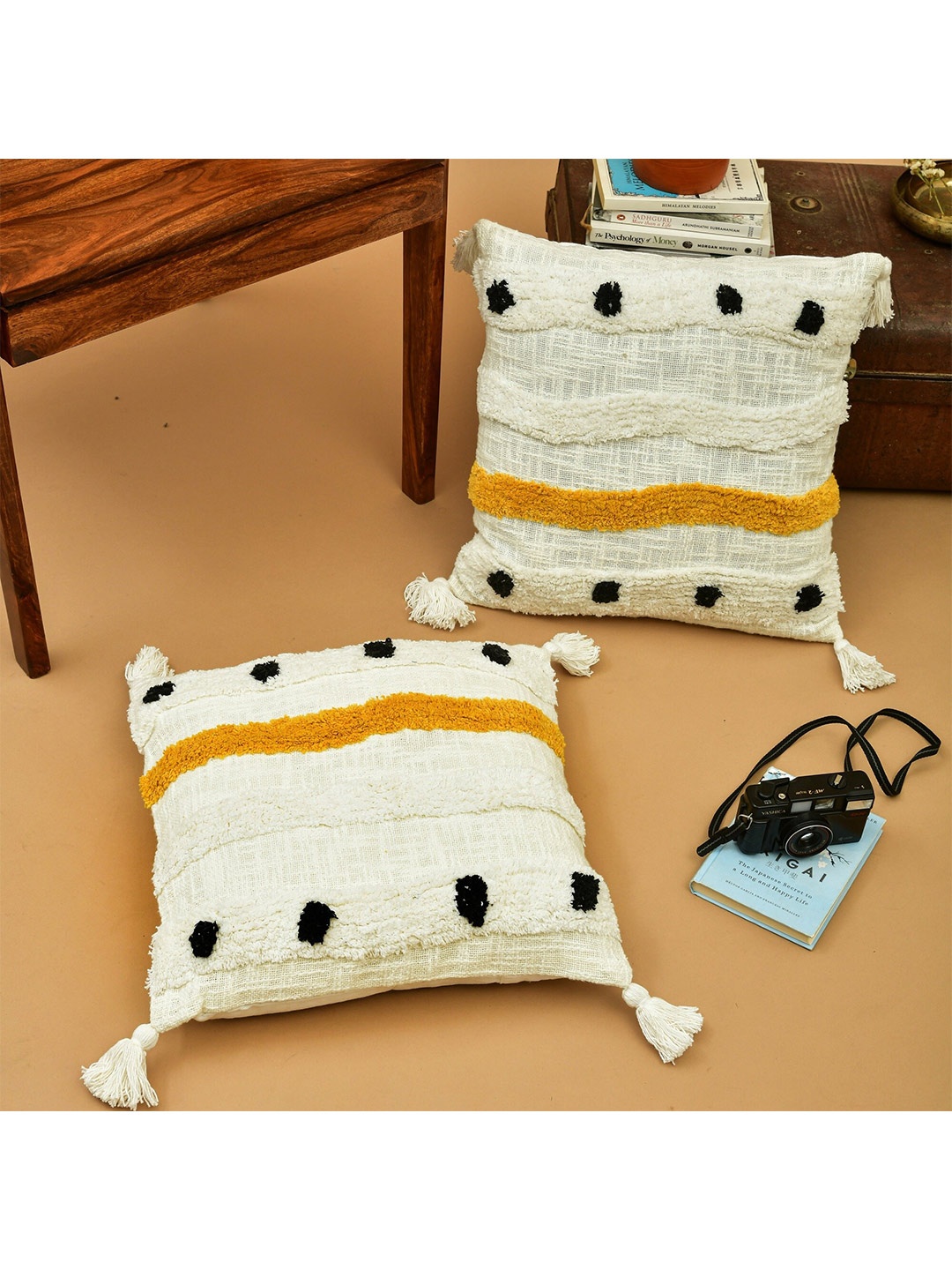 

HOMEMONDE 2 Pieces White & Yellow Tufted Cotton Square Cushion Covers
