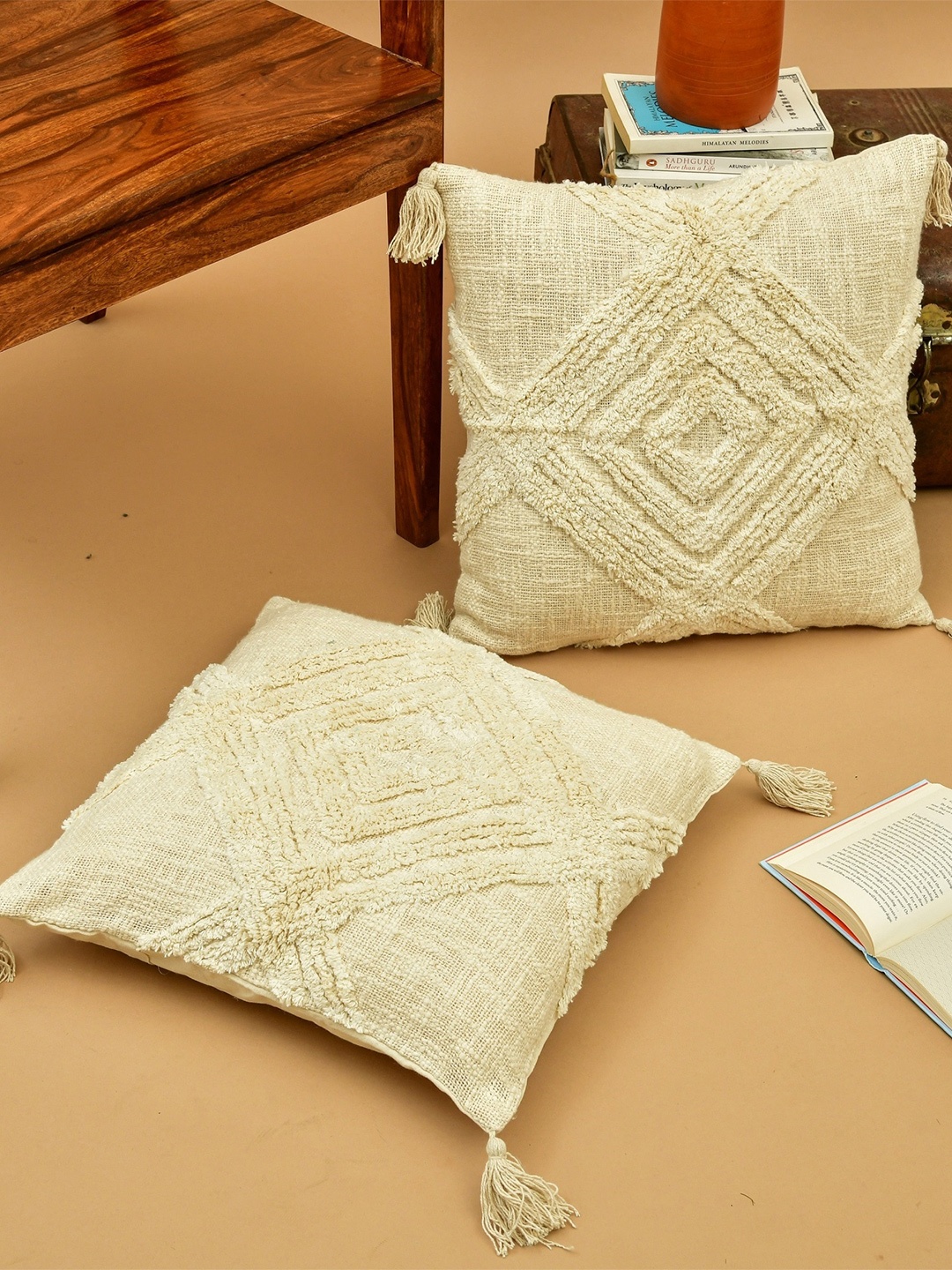 

HOMEMONDE White 2 Pieces Embroidered Cotton Square Cushion Covers