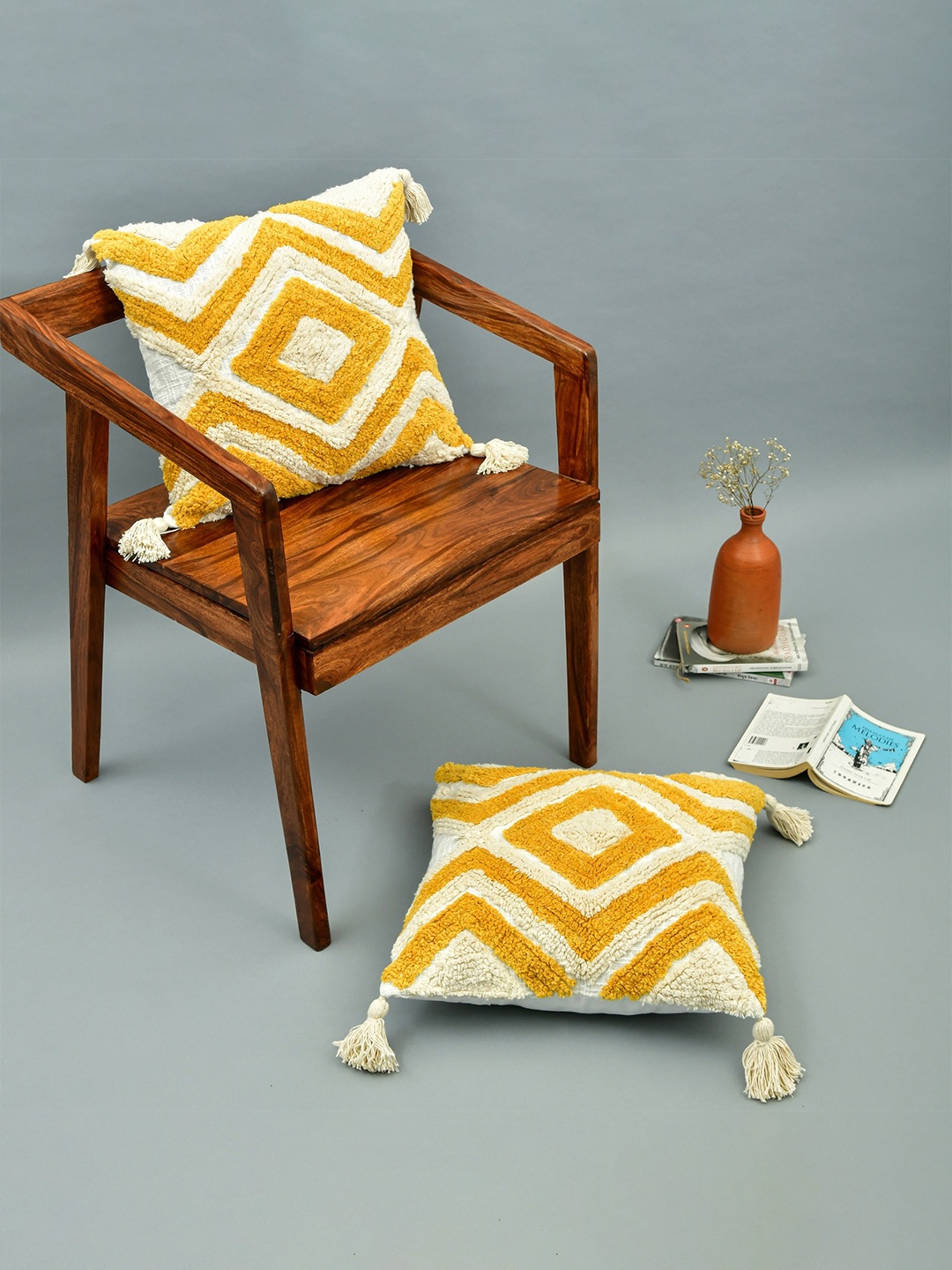

HOMEMONDE White & Yellow 2 Pieces Geometric Cotton Square Cushion Covers