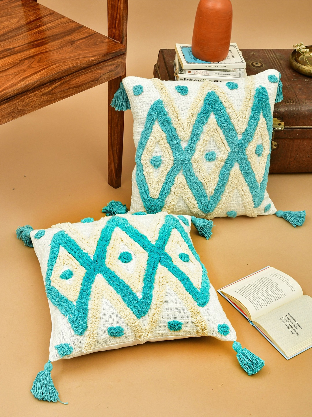

HOMEMONDE White & Blue 2 Pieces Geometric Cotton Square Cushion Covers