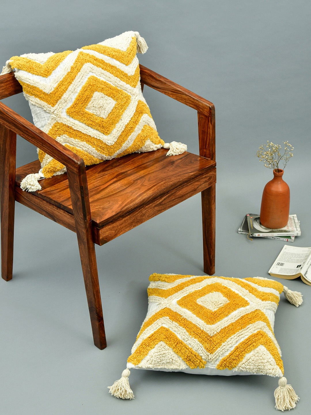 

HOMEMONDE White & Yellow 2 Pieces Geometric Cotton Square Cushion Covers