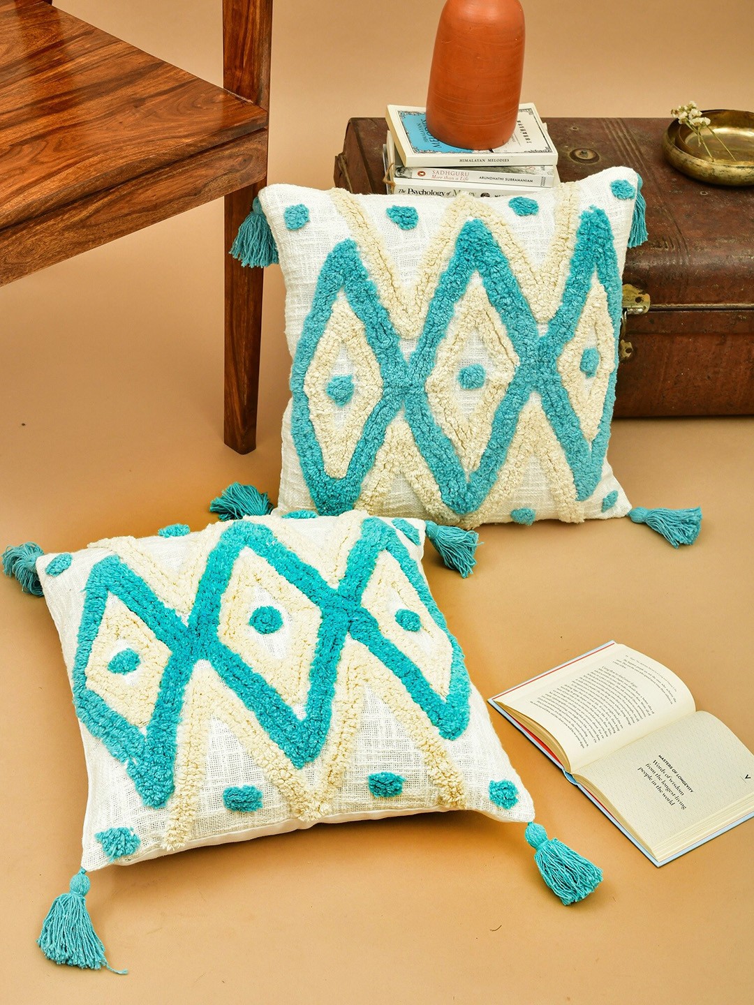 

HOMEMONDE White & Blue 2 Pieces Geometric Square Cushion Covers