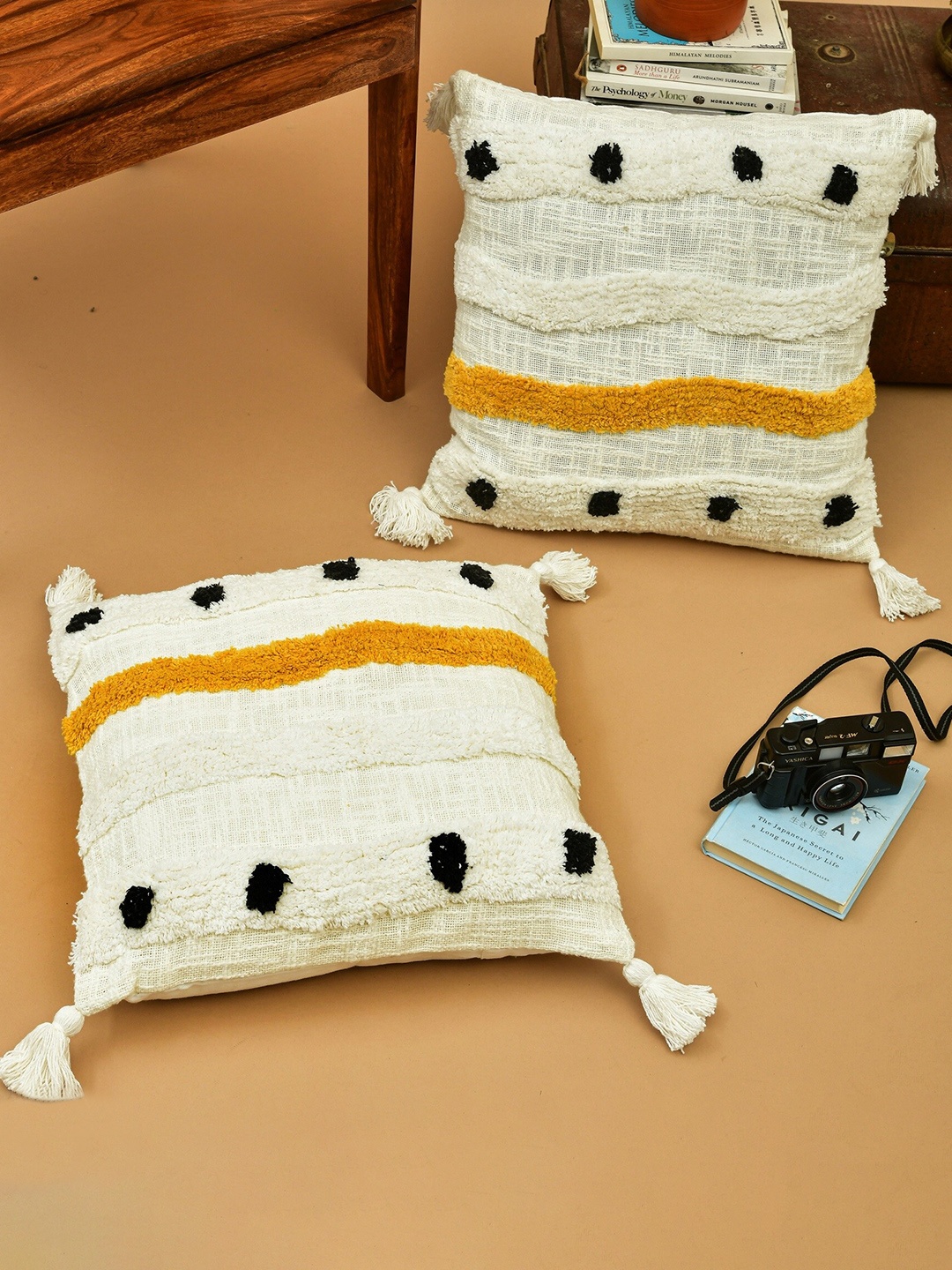 

HOMEMONDE White & Yellow 2 Pieces Embroidered Square Cushion Covers