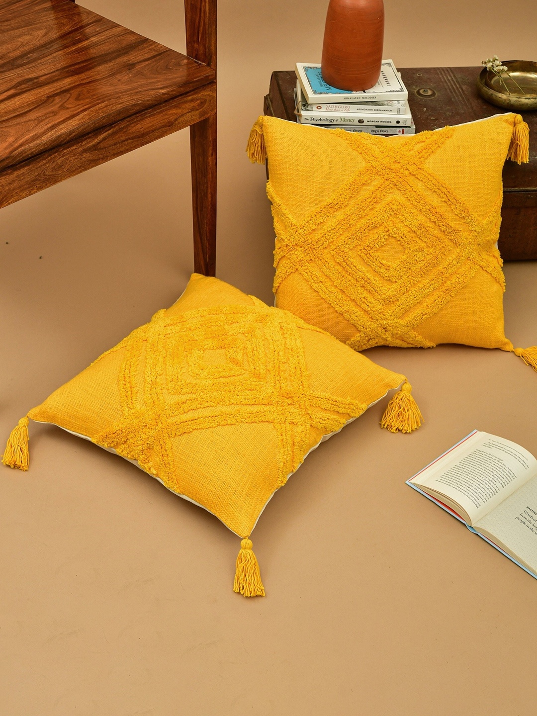 

HOMEMONDE Yellow 2 Pieces Geometric Square Cushion Covers