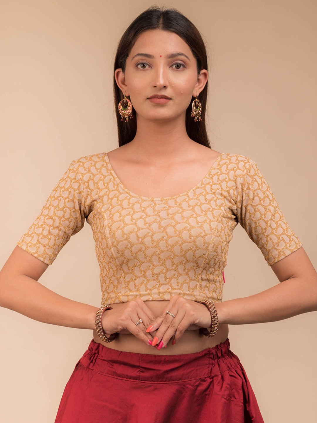 

Bindigasm's Advi Woven Design Stretchable Saree Blouse, Beige