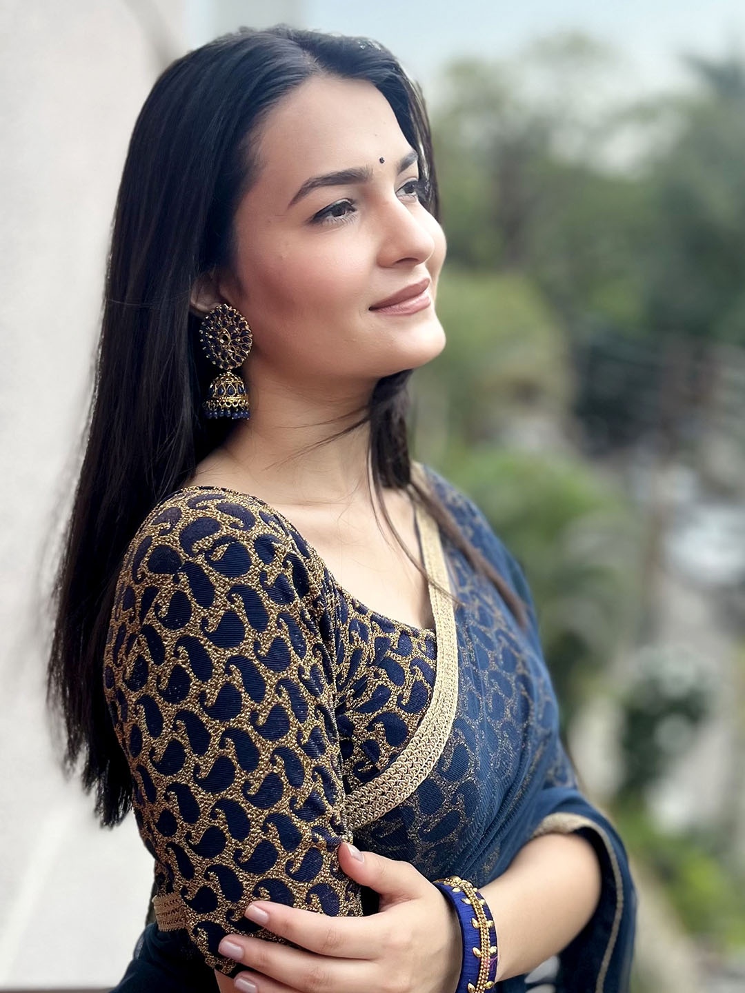 

Bindigasm's Advi Woven Design Stretchable Saree Blouse, Navy blue