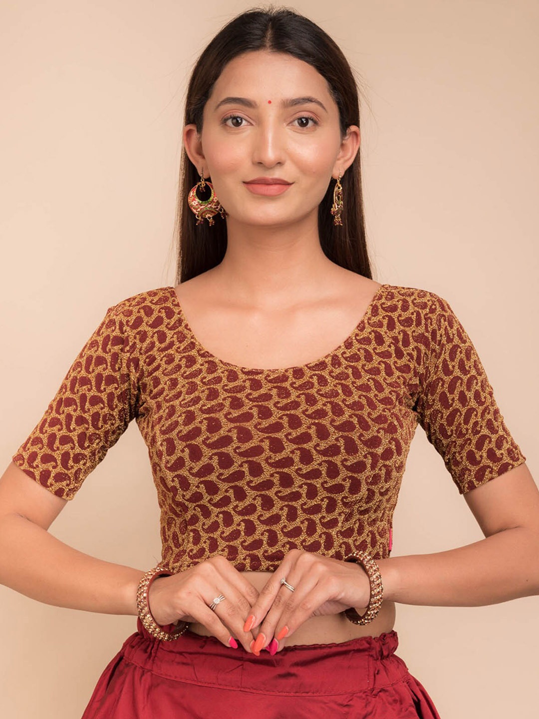 

Bindigasm's Advi Woven Design Stretchable Saree Blouse, Maroon